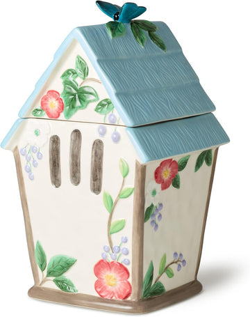 Flora 3D Birdhouse Cookie Jar - 88-Ounce Hand-Painted Ceramic Storage Jar with Floral and Butterfly Design
