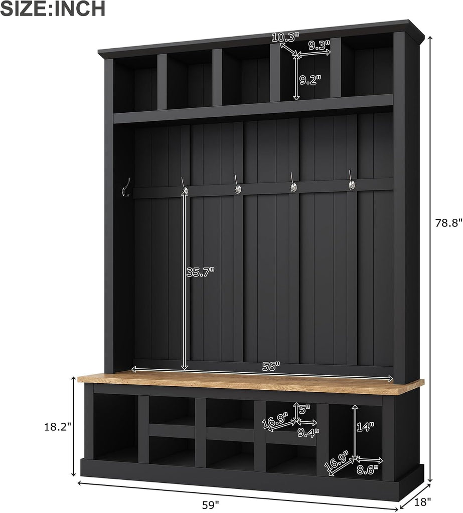 Farmhouse Wood Hall Tree with Bench and Shoe Storage, 5-in-1 Coat Rack with 6 Hooks for Entrance, Hallway Black