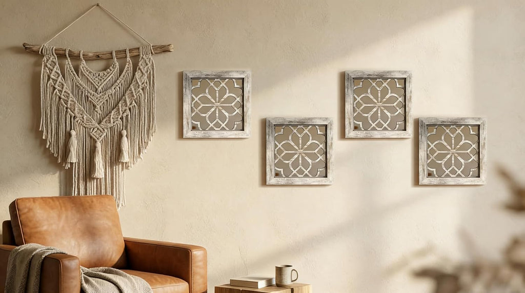 Boho Wall Mirror Decor, Set of 2 Rustic Farmhouse Accent Mirror 12x12 Inch, Square Shatterproof Vintage Style Mirrors