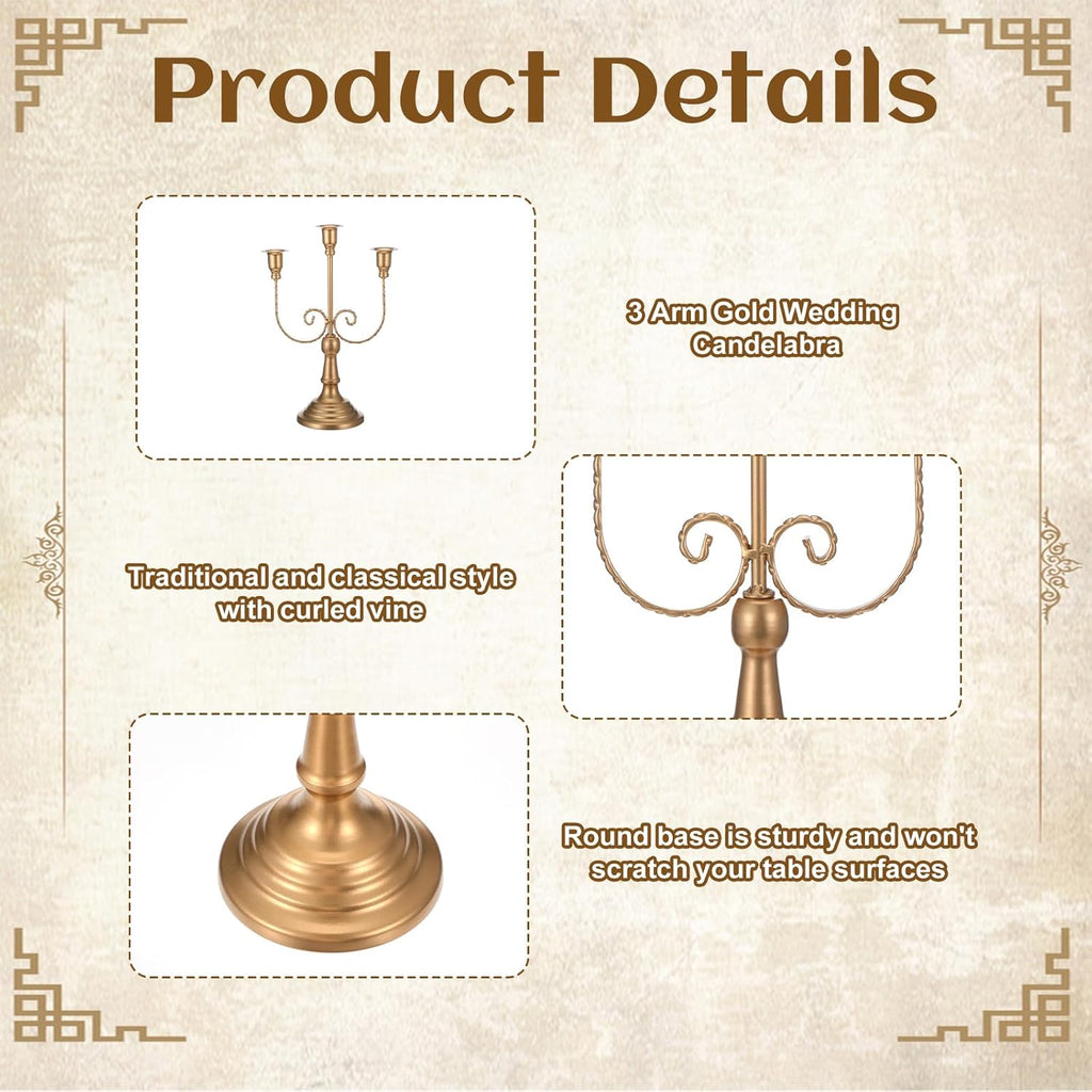 2 Pcs 3 Arm Gold Candelabra, 11.6" Metal Candle Holders Candelabra Centerpieces for Tables Theme Party Table