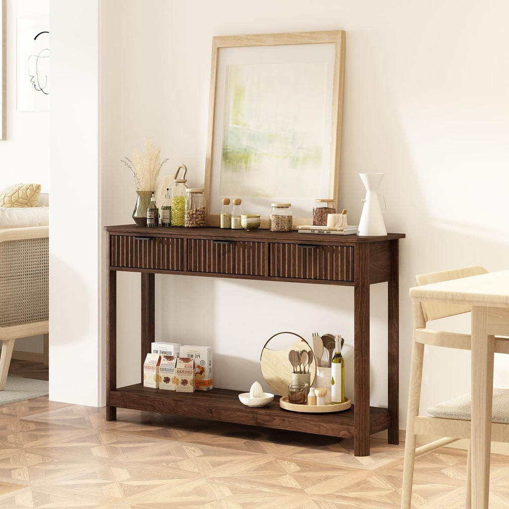 Fluted Wood Console Table with 3 Drawers, Boho Narrow Behind Couch Entryway Table with Open Storage Shelf, Modern