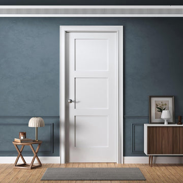 30" x 80" Prehung Interior Wood Door, 3-Panel Shaker, Left Handing, Solid Core, White Primed, with Pre-Drilled Holes