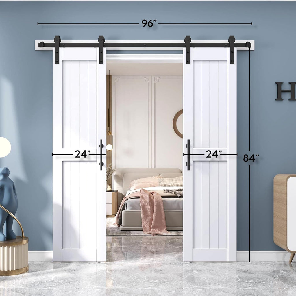 48 x 84 inch (Double 24x84 Door) White Barn Door with 8FT Sliding Door Hardware Kit Included & Handl