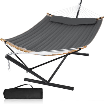Heavy Duty Hammock with 12FT Stand, Double Hammock, Dark Gray | Large Hammock with Curved Spreader Bar, Pillow