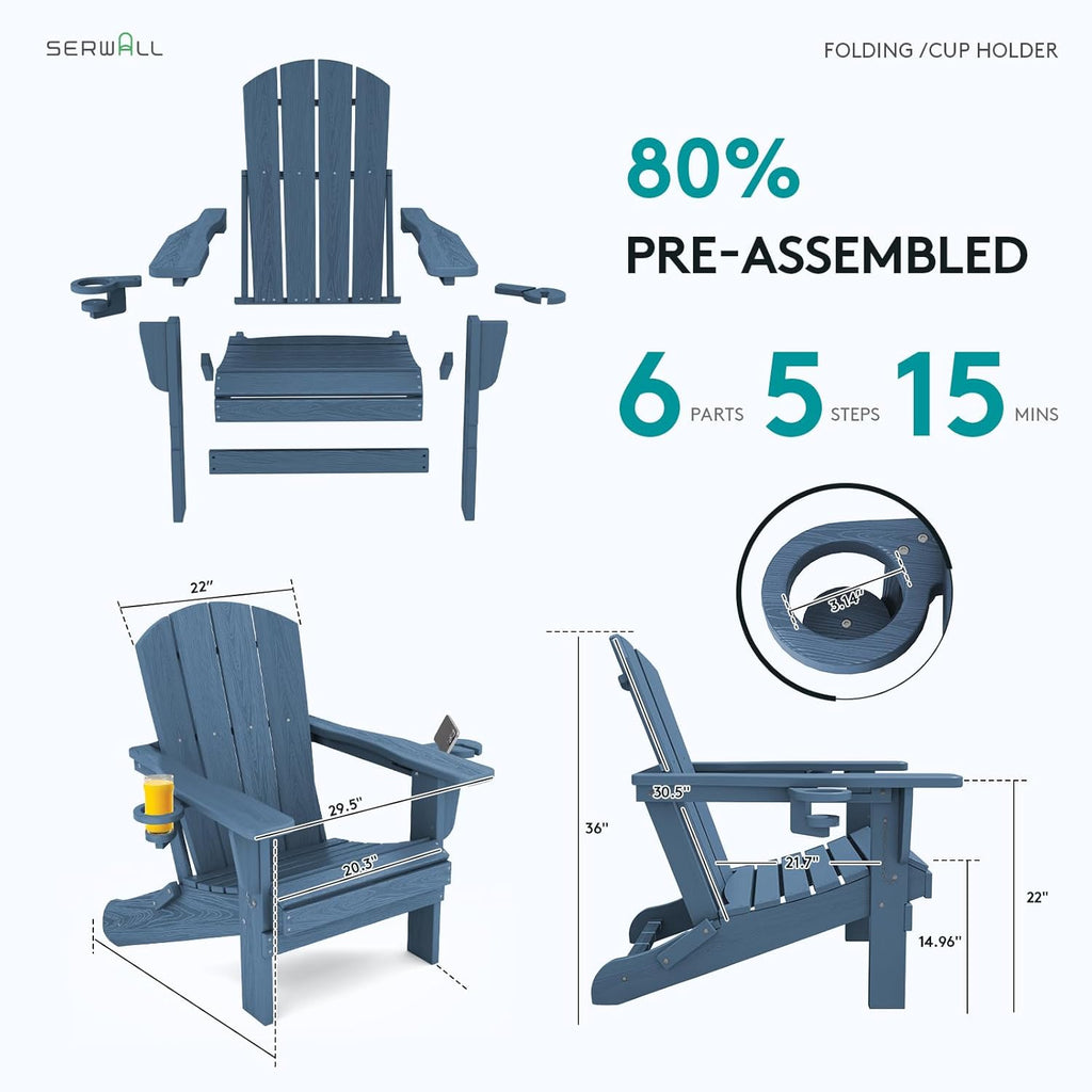 Outdoor Adirondack Chairs Set of 2 with 2 Cup Holders,Foldable,Blue | HDPE Composite,Waterproof,Wood Grain,Cup &