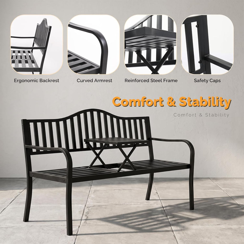 59" Outdoor Metal Bench Patio Bench with Built in Table Park Bench Garden Bench, Outside Benches Weather Proof Front