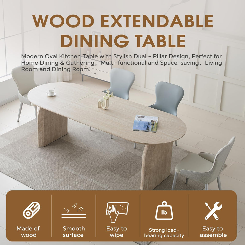 59.06"-90.55" Extendable Dining Table for 6 8 10, Modern Oval Kitchen Table with Dual Pillar Base, Wooden Expandable