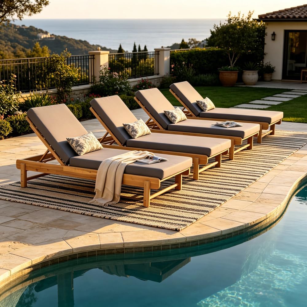 1 PC Acacia Wood Outdoor Chaise Lounge Chair with 2-Fold 4" Thick Water-Resistant Cushion, 3-Position Adjustable