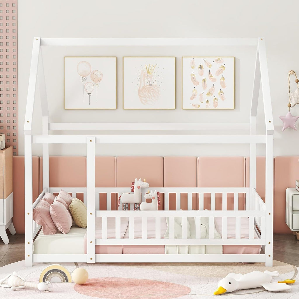 Full Size House Floor Bed,Wooden Montessori Bed with Fence and Roof for Kids,Playhouse Full Bed Frame for