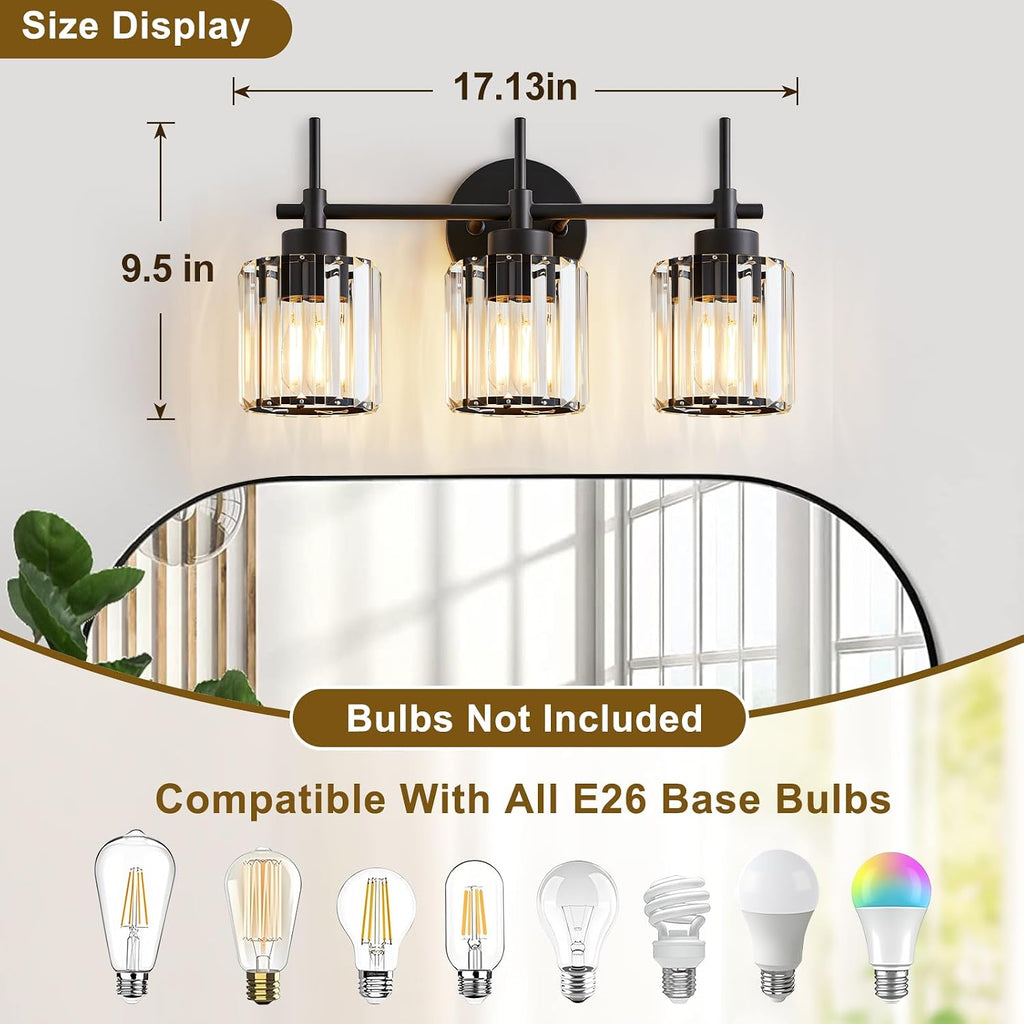 3 Light Black Crystal Vanity Light, Modern Bathroom Vanity Light Over Mirror, Up and Down Mount Wall Sconce Lighting