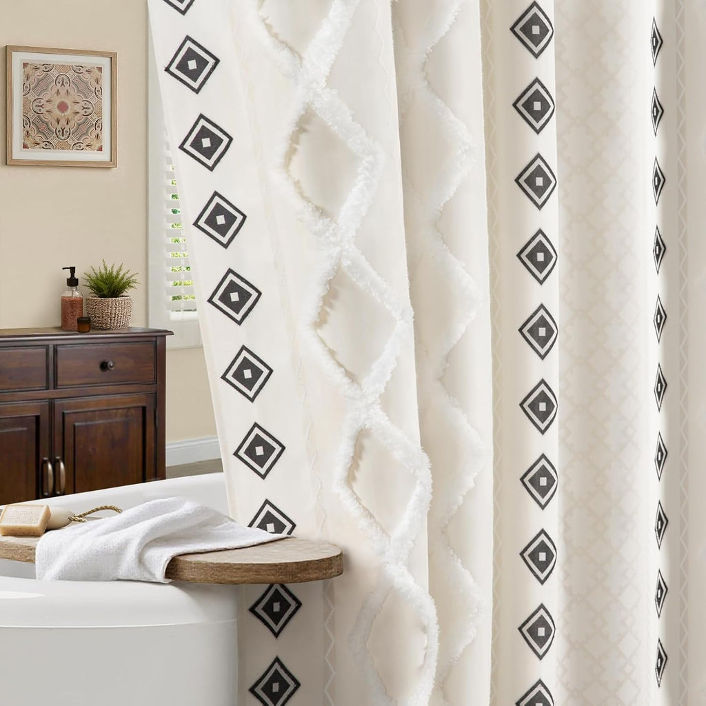 White Boho Cotton Shower Curtain,72" W x 72" L | Cotton Fabric with Striped Print