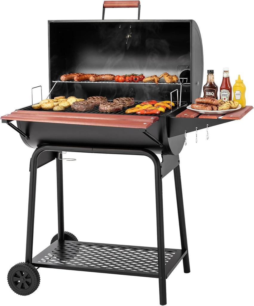 30-Inch Barrel Charcoal Grill with Wood-Painted Side Table, 627 Sq. In. Cooking Area for Outdoor Patio, Backyard, and Parties