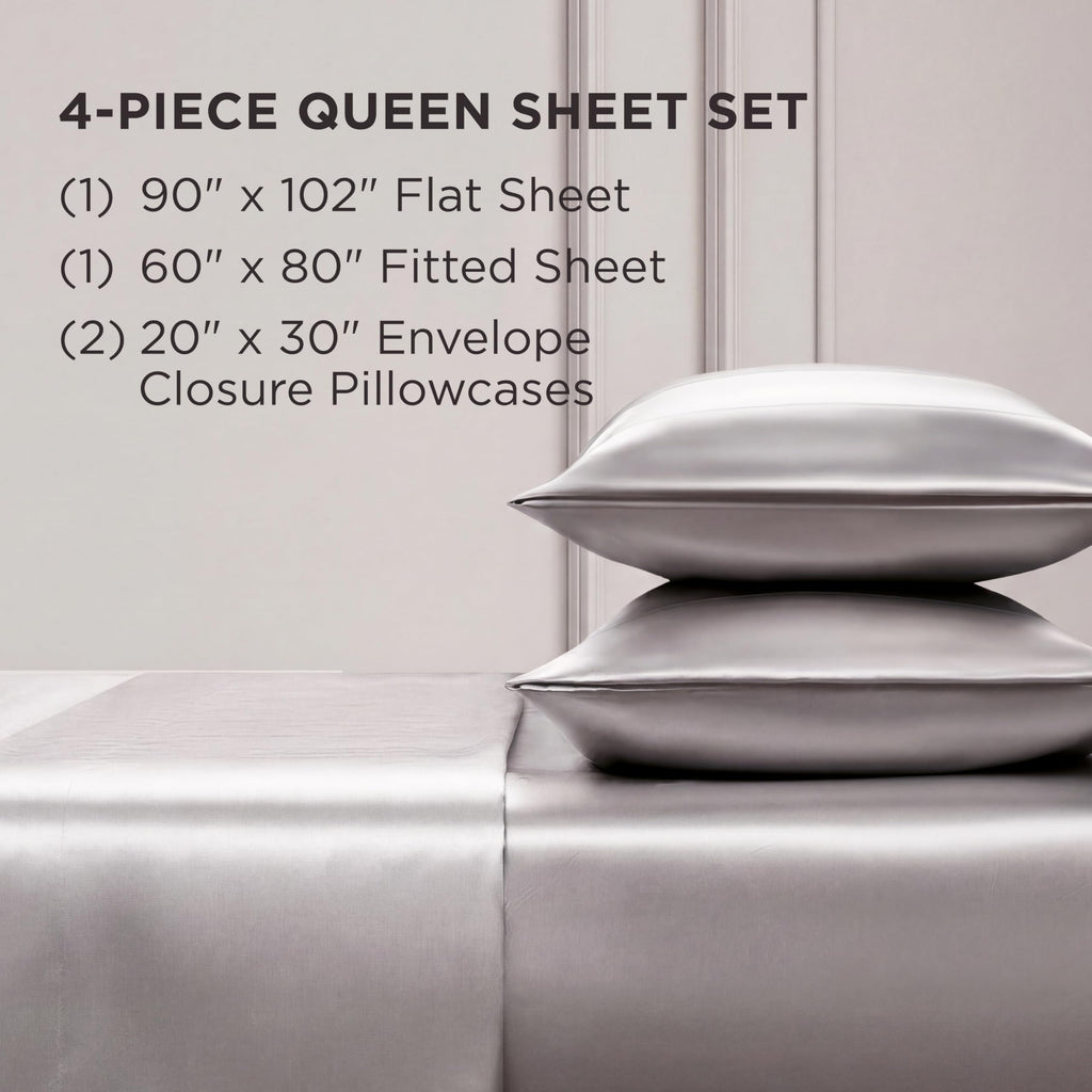 Queen Size Silky Satin Bed Sheet Set, Deep Pocket Satin Queen Sheet Set with 1 Fitted Sheet, 1 Flat Sheet and 2