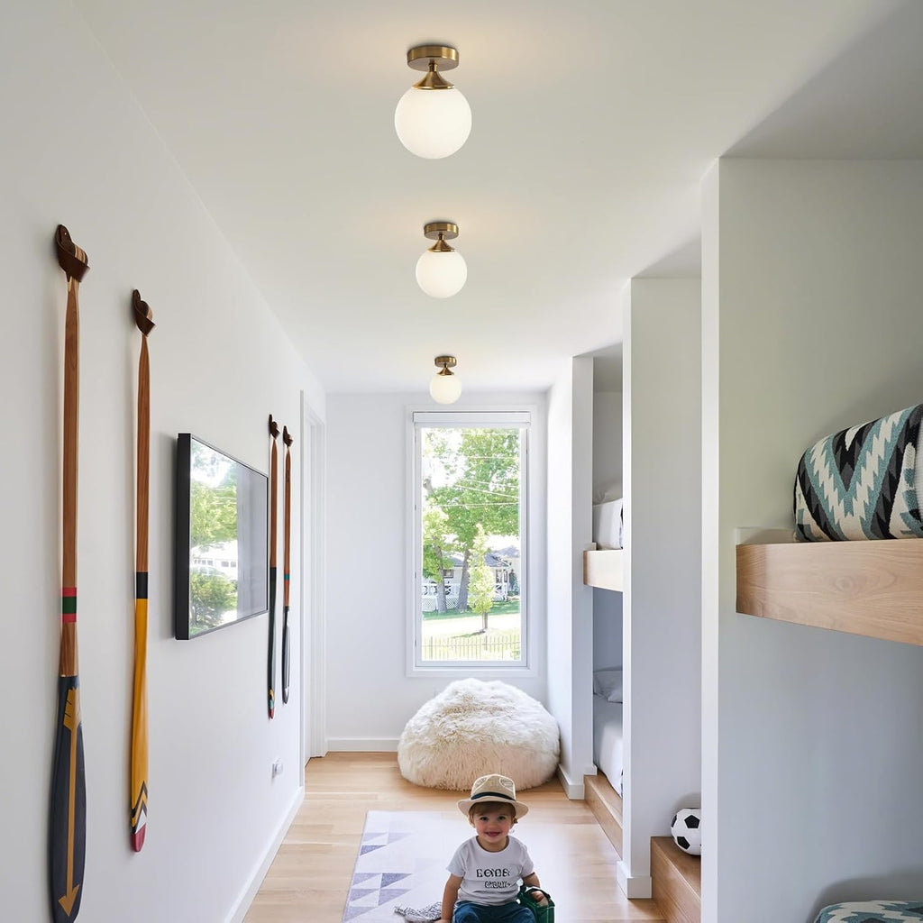 Brass Gold Small 5.9" Milk Glass Globe Semi Flush Mount Ceiling Light | E26 Hardwired Indoor, Mid Century Modern