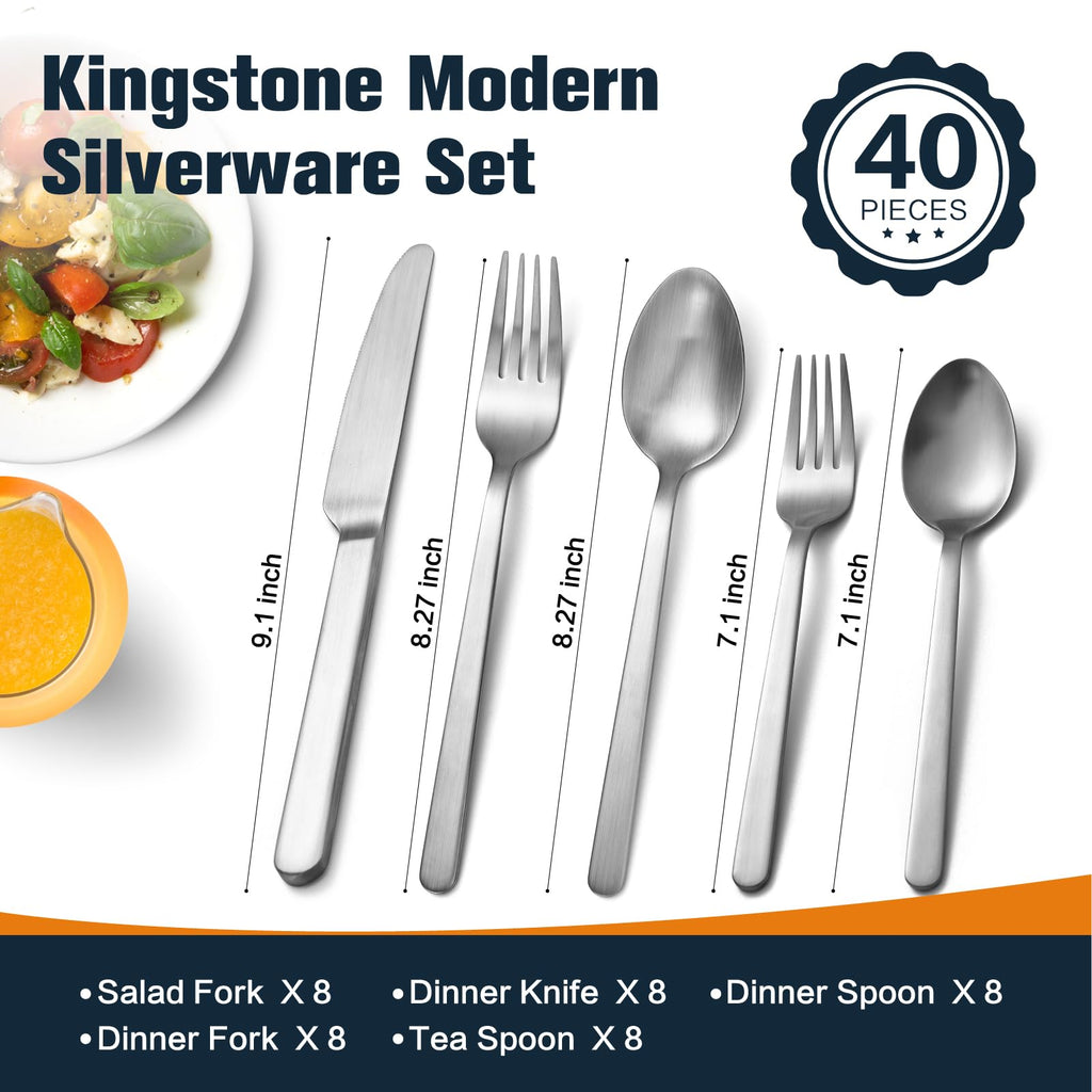 Matte Silver 40-Piece Forged Flatware Set for 8, 18/10 Stainless Steel