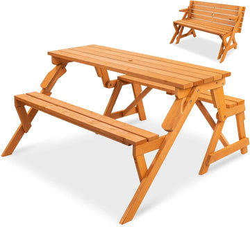 2-in-1 Transforming Interchangeable Outdoor Wooden Picnic Table Garden Bench for Backyard, Porch, Patio, Deck