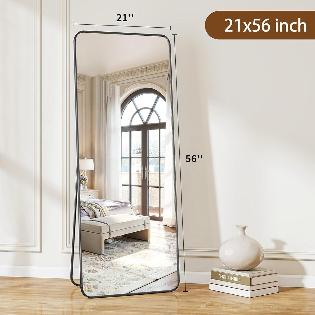 Black Full Length Mirror, 56"x21" Rounded Corner Floor Mirror Standing Hanging or Leaning Against Wall, Suitable or