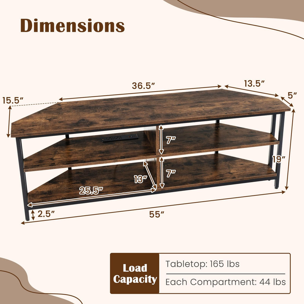 Corner TV Stand for TVs up to 65", TV Console Table w/AC Outlets, USB A Ports, USB C Port, Metal Frame & Storage