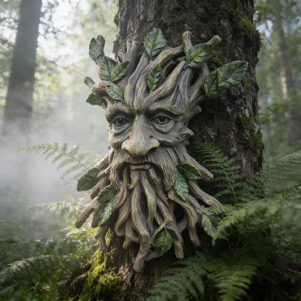 Whimsical Tree Face Garden Decoration, Tree Faces Decor Outdoor Wallmounted Statue Art with Leaf Features, Outdoor