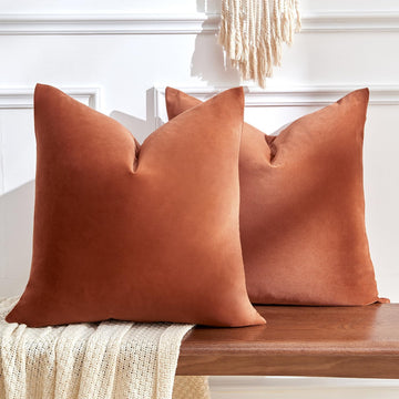 Throw Pillow Covers Rust Set of 2 18x18 Inch Pillow Covers, Soft Velvet Fall Decorative Cases, Home Boho Decor