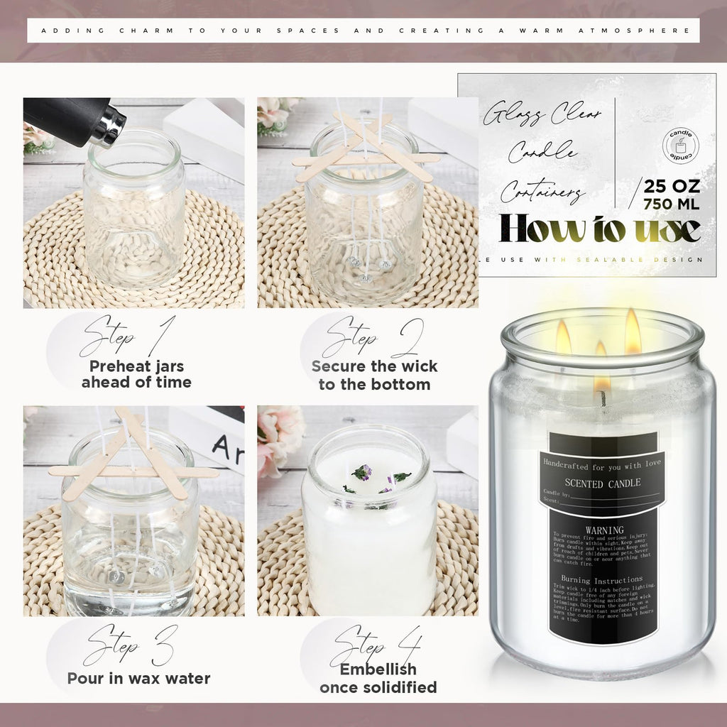 6 Pack 25 oz Glass Candle Jars with Lids for Making Candles