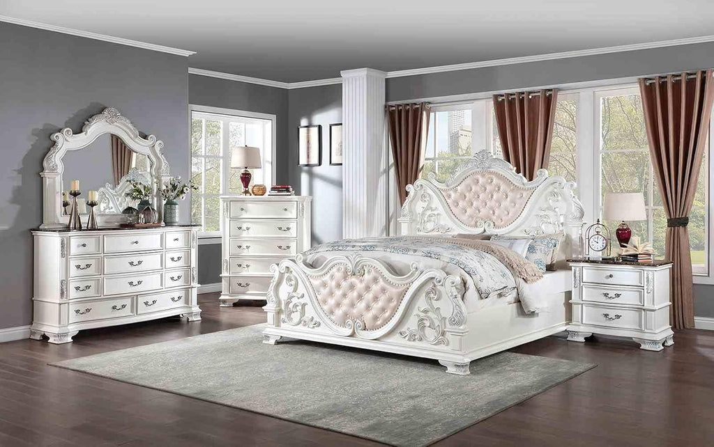 Luxury White 1pc Dresser Dovetail Drawers Genuine Marble Top Bronze Round Knob and Hanging Pulls Bedroom Traditional