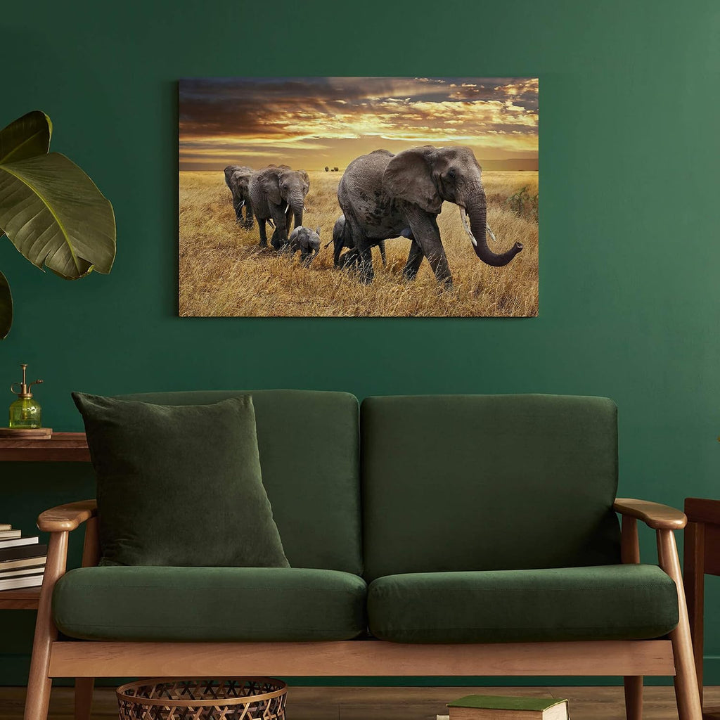 Elephant Canvas Picture Wall Art: Elephant Family Migrate Painting yellow Autumn Sunset Prints Panoramic Animals