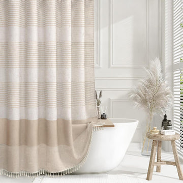 Beige Boho Linen Striped Shower Curtain with Tassel 72" W X 72" L | Boho Farmhouse Shower Curtains with Linen Texture