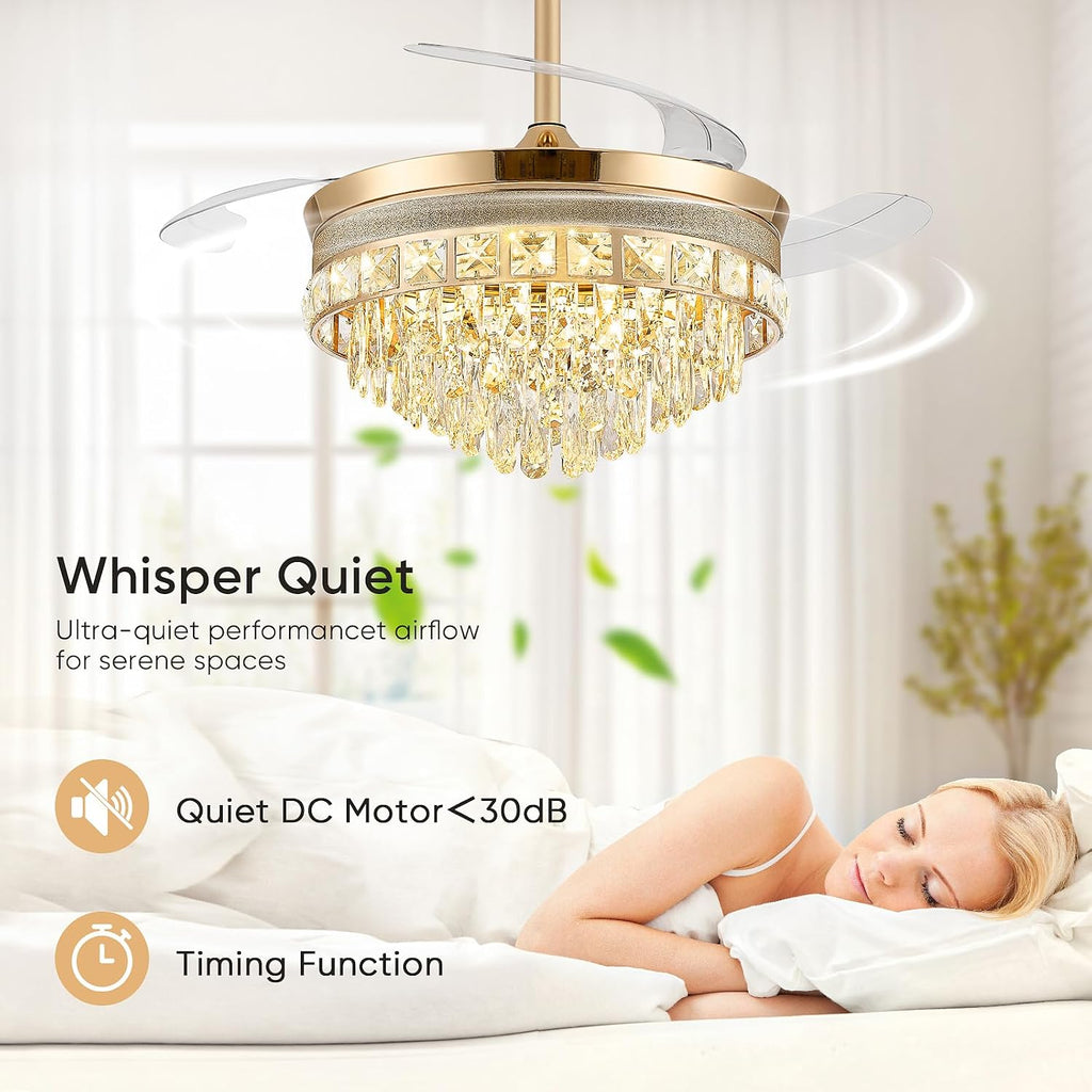 48 Inch Chandelier Ceiling Fans with Lights, Retractable Ceiling Fan with Lights, Crystal Fandelier Ceiling Fan