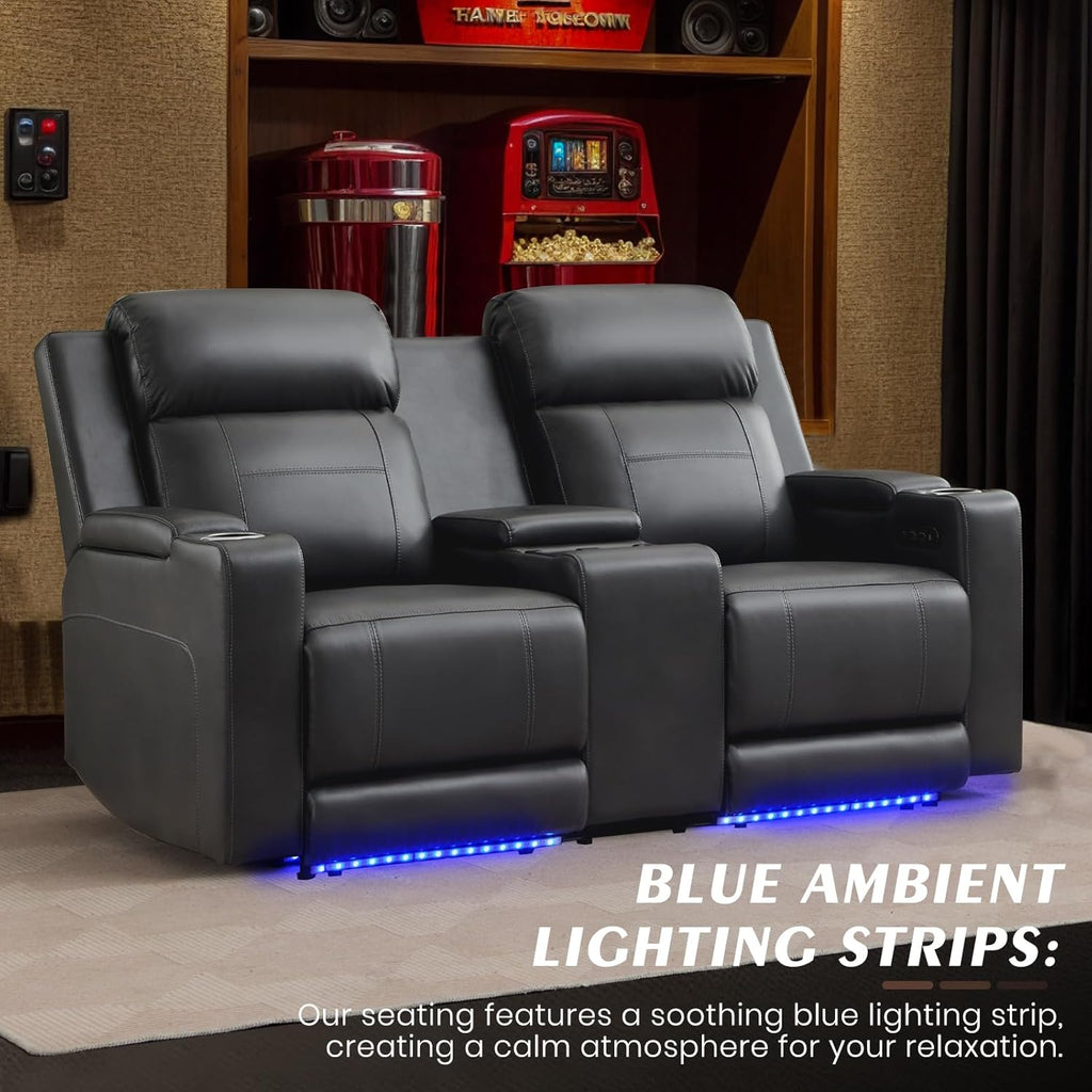 Power Reclining Loveseat with Adjustable Headrest, Home Theater Seating with LED Light/Armrest Storage