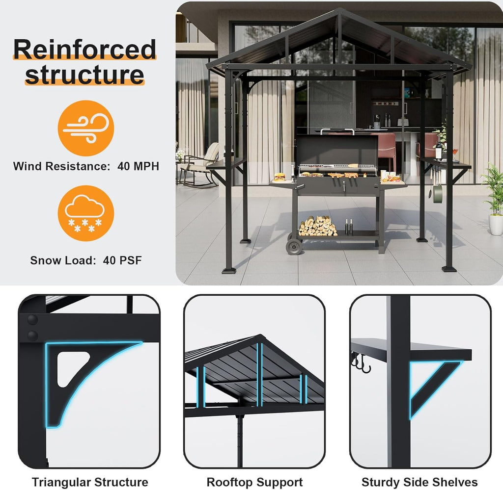 8'x 5' Hardtop Grill Gazebo, Outdoor BBQ Gazebo Metal Roof Canopy with 2 Metal Side Shelves & 5 Tool Hooks for Patio, Garden, Backyard, Poolside (Dark)