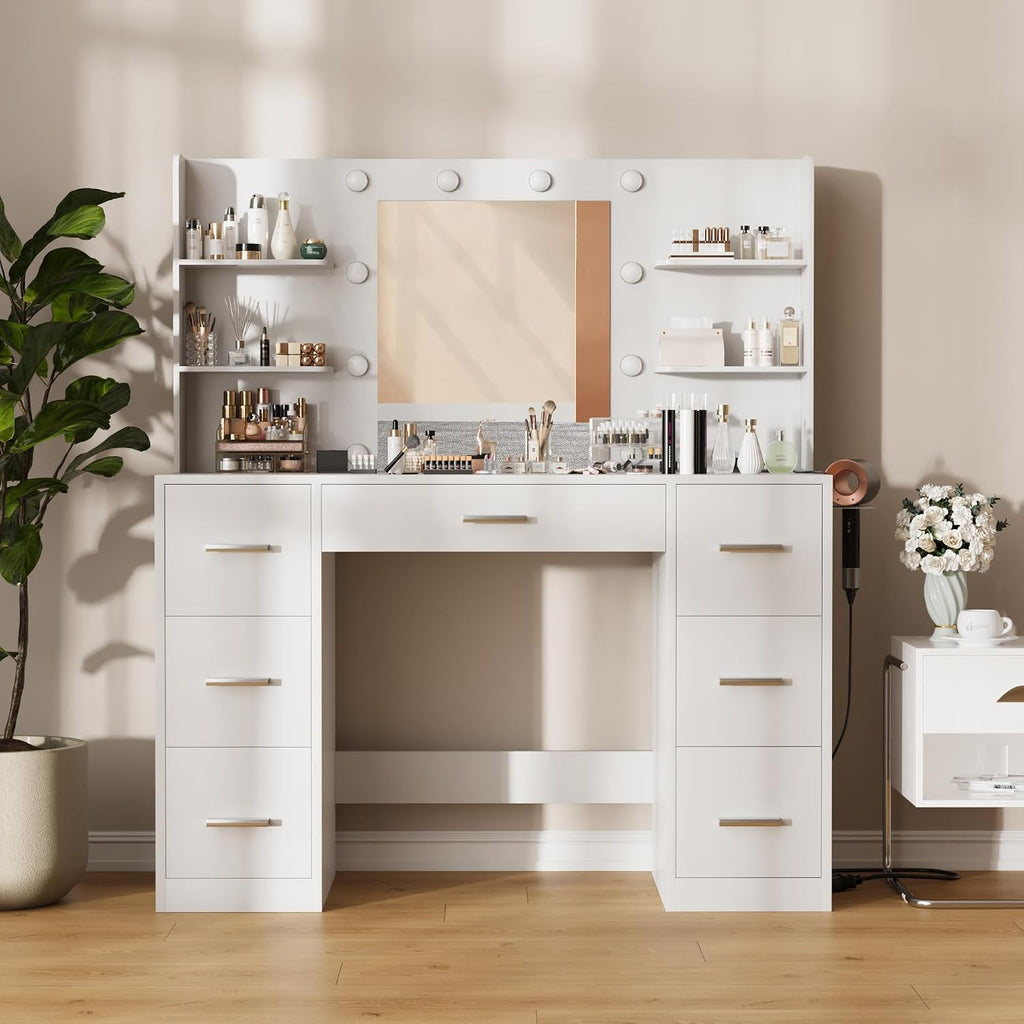 Vanity Desk with Mirror, LED Lights and Power Outlet Makeup Vanity Table with 7 Drawers and 6 Storage Shelves