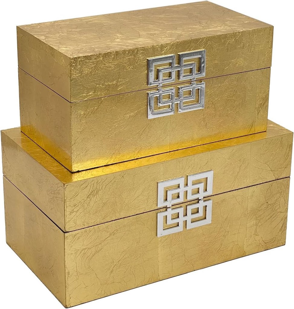 Storage Box Set Decorative Storage Box w/Hinged Lid Classic Design Wood Decor Boxes with Geometric Clasp Storage - Set of 2