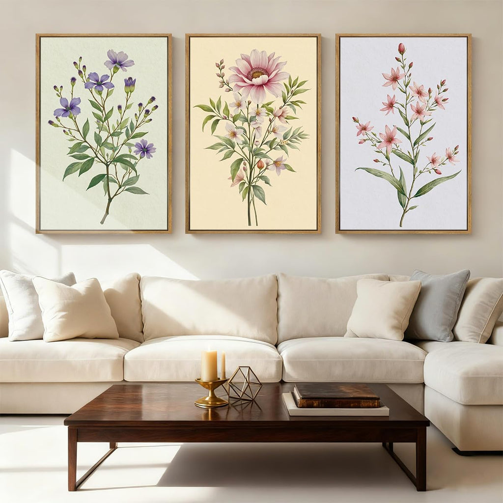 Boho Floral Canvas Wall Art, Framed Minimalist Beige Wildflower Wall Decor, Neutral Botanical Painting 16x24 Inch Set