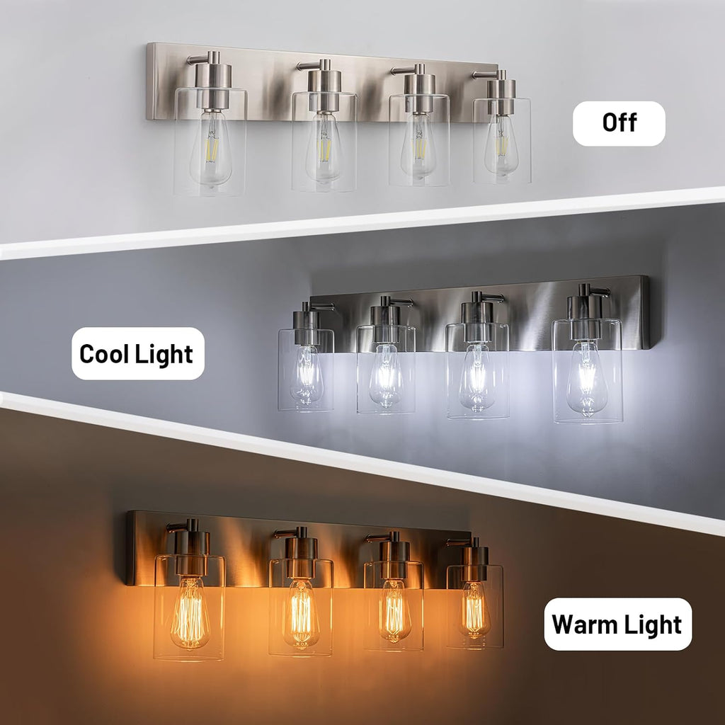 4-Light Bathroom Vanity Light Fixtures, Modern Bathroom Light Fixture with Clear Glass Brushed Nickel Finish Vanity