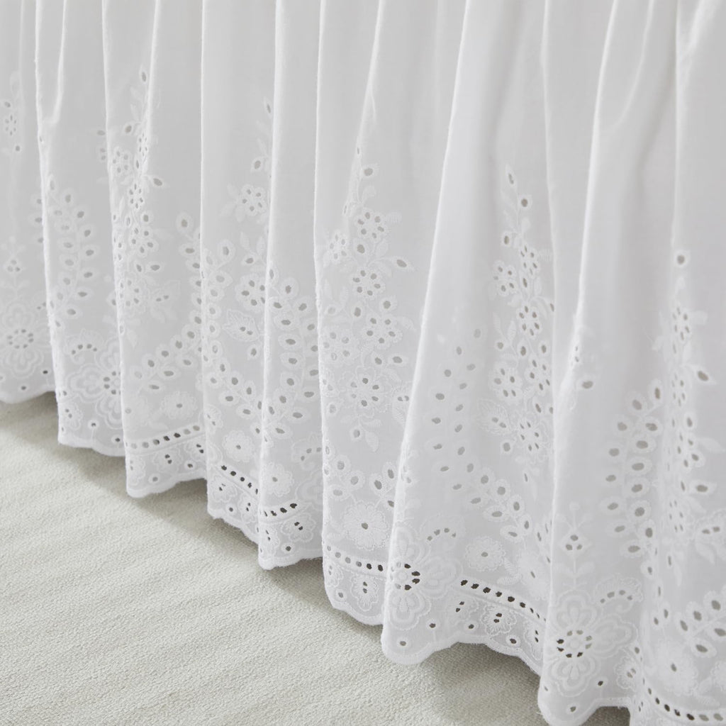 White Eyelet Bed Skirt Queen Size 100% Cotton Ruffled Dust Ruffle Bed Skirt 18 Inch Drop with Embroidered Floral