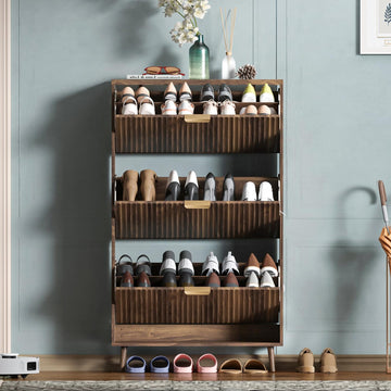 Shoe Cabinet Storage,Modern Freestanding Organizer with 3 Flip Drawers,Narrow Shoe Rack Cabinet ,Walnut