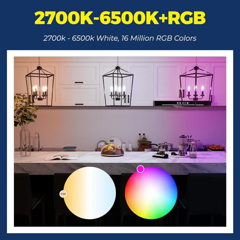 E12 Smart Light Bulbs 60W Equiv., Work with Alexa/Google Home/SmartLife, 500LM 6W RGBCW Candle Candelabra LED Bulbs (4PCS)