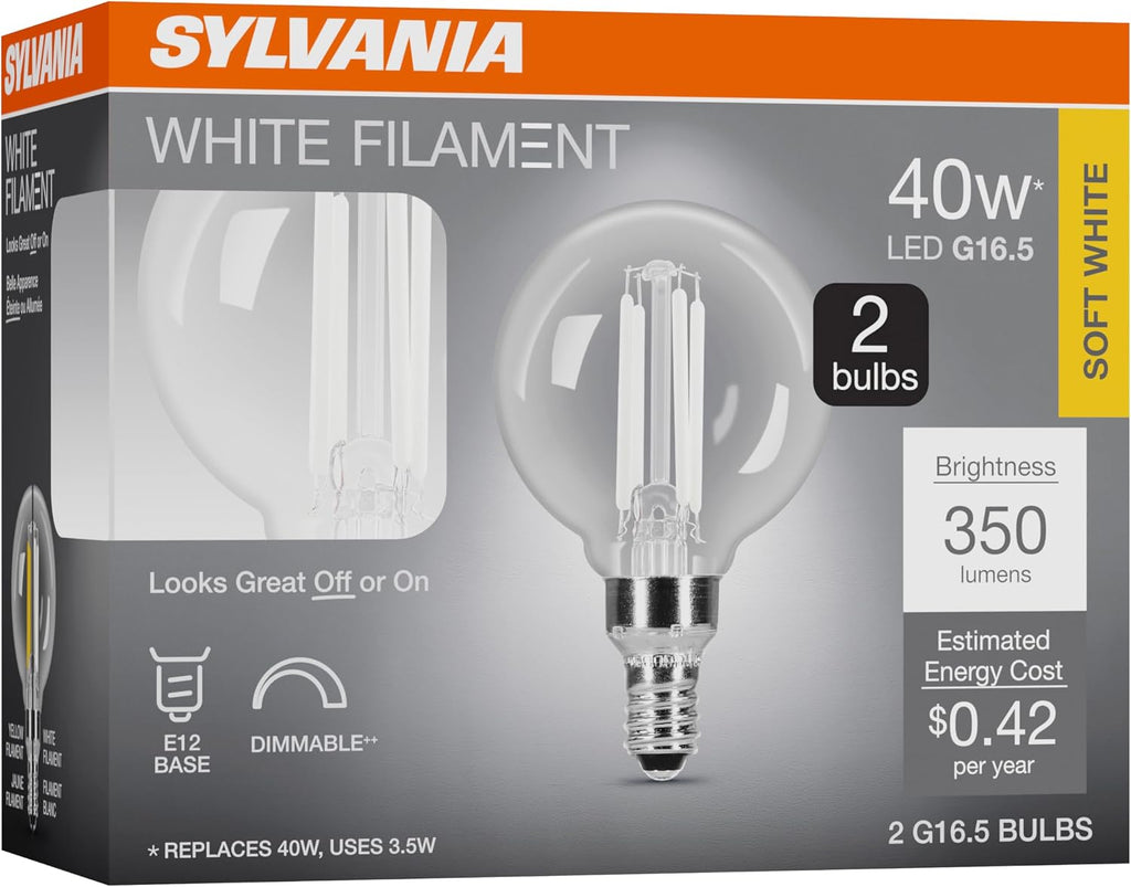G16.5 Clear Globe LED White Filament Bulb, 3.5W, Dimmable, 350 LMS, Candelabra Base, 2700K, Soft White - 2 Pack (42243)
