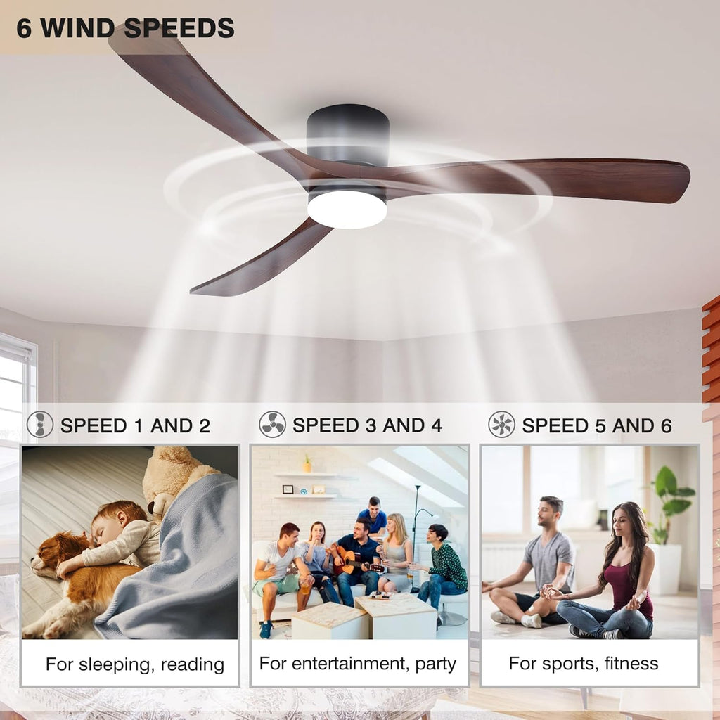 Modern 60 Inch Low Profile Flush Mount Ceiling Hugger Fan with LED Lights and Remote Control - 3 Wood Blades, Reversible DC Motor, 6 Speeds - Walnut and Matte Black