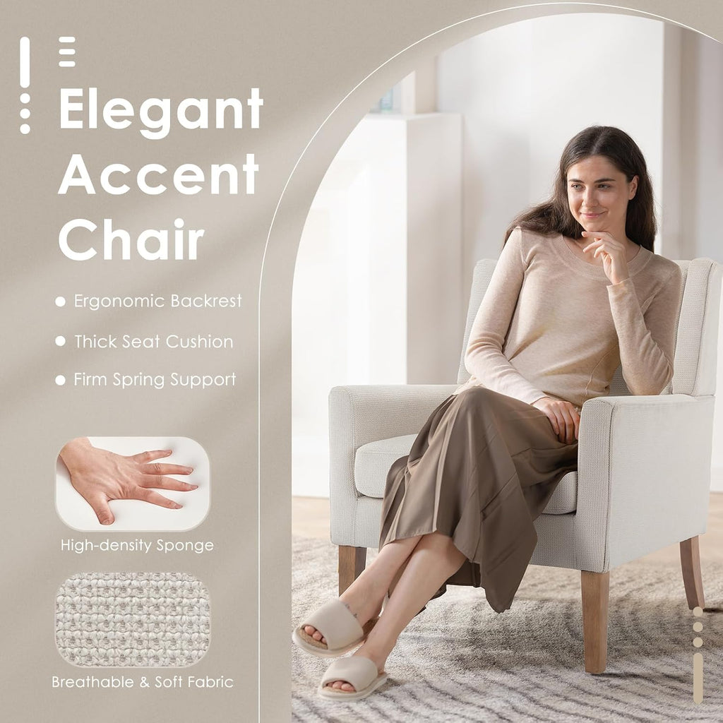 Modern Wingback Living Room Chair, Upholstered Fabric Accent Armchair, Single Sofa Chair with Lounge Seat and Wood