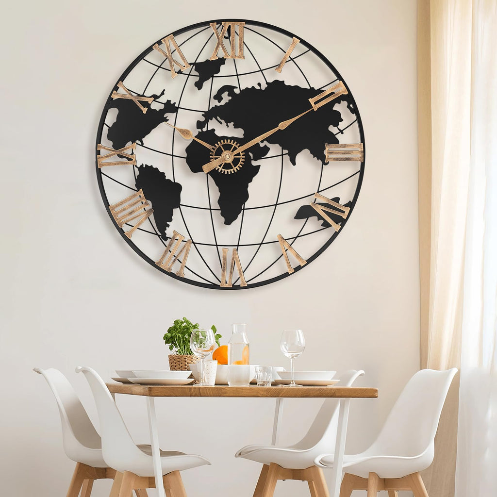 24 Inch Large World Map Vintage Gold Roman Numerals Wall Clock