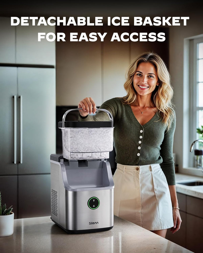 Nugget Ice Maker Countertop, Ice Basket with Handle, Quiet Operation & Self Cleaning Ice Machine, Chewable Ice, 33