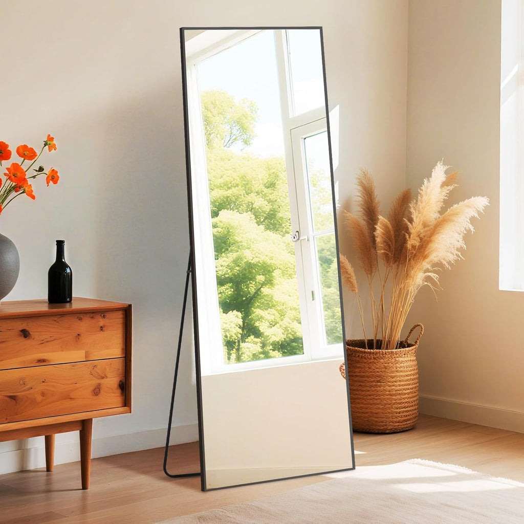Wall-Mounted Full Length Mirror 25"x 71" , Full Body Floor Mirror with Stand, Hanging or Leaning for Wall, Black