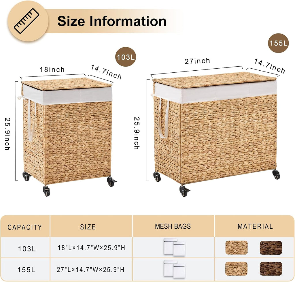 2-Section Laundry Hamper with Lid, Large Capacity Woven Natural Water Hyacinth Laundry Sorter with Removable Liners