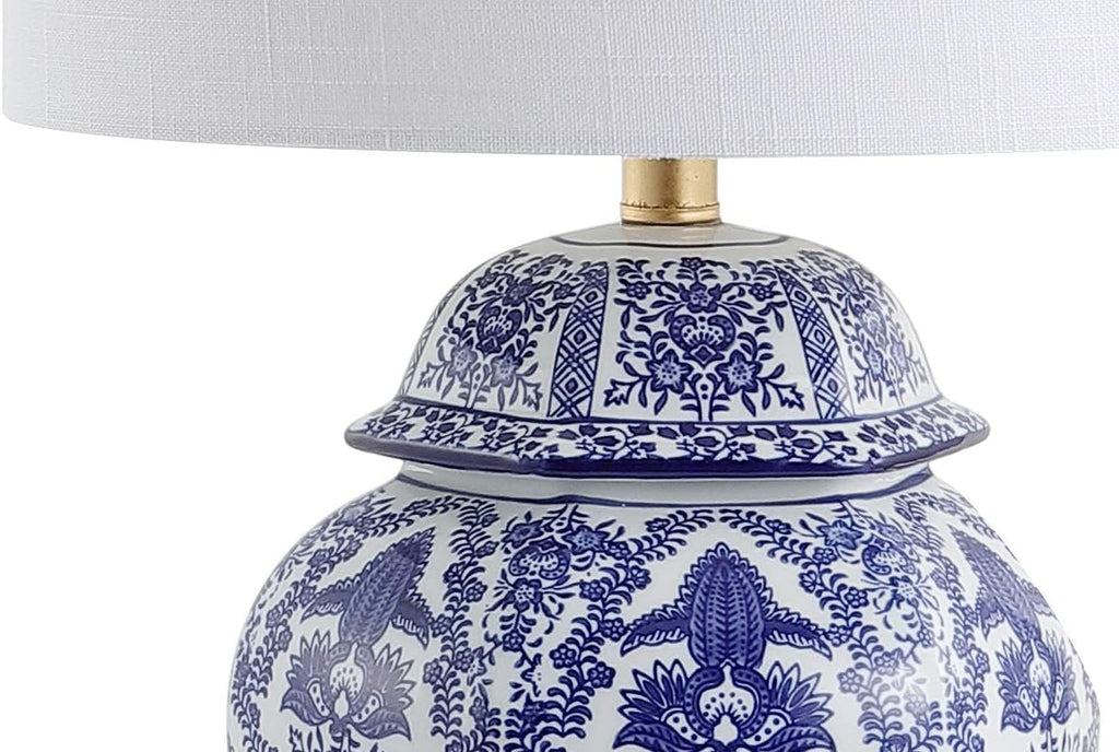 25" Blue/White Classic Traditional Ginger Jar Ceramic LED Table Lamp, Chinoiserie Table Lamp Bedroom, Gold Base