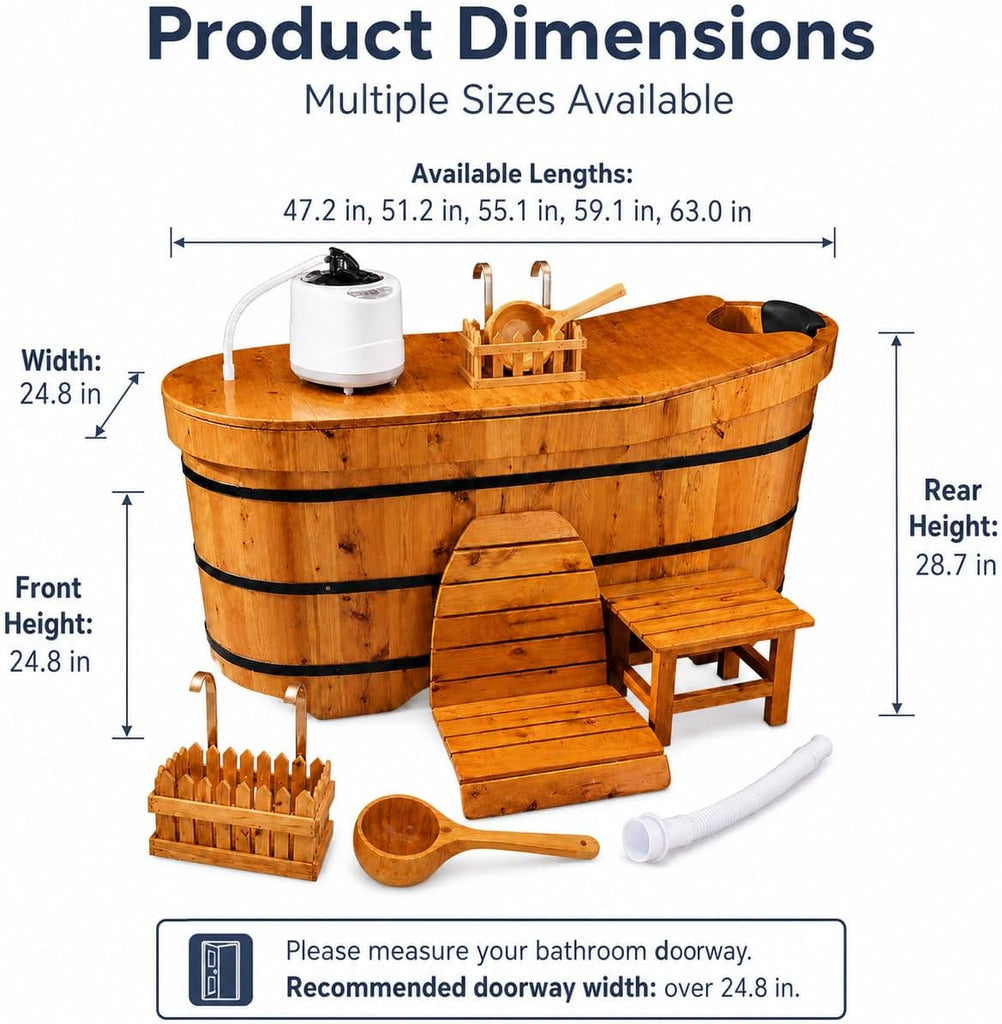 47" Cedar Wood Japanese Soaking Tub - Adult Wooden Bathtub with Steam Package & Accessories
