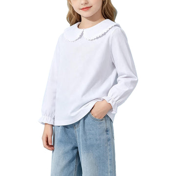 Baby Ruffle Blouse Toddler Girl Peter Pan Lace Collar T-Shirts Kids Solid Color Long Sleeve Tee Girls Casual