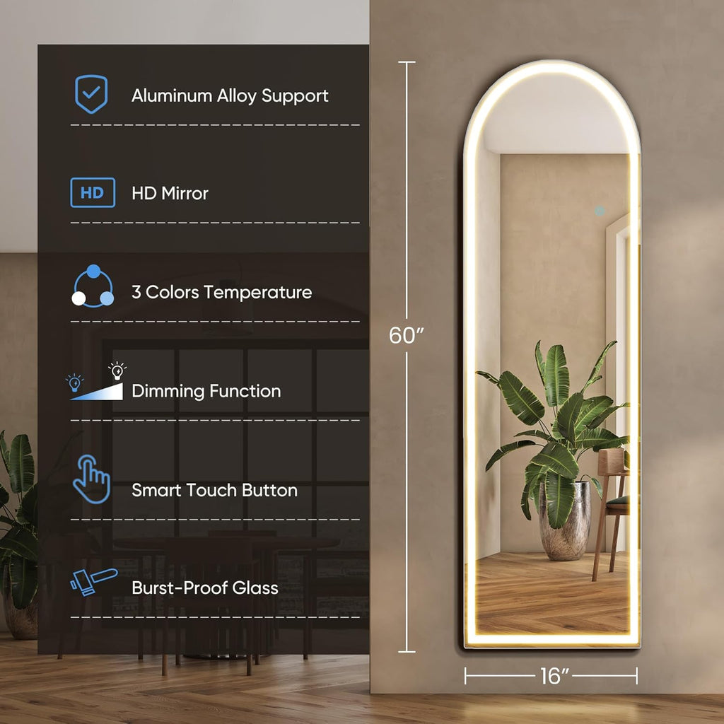 Arched LED Mirror Full Length with Stand, 16"×60" Full Body Wall Mirror with LED Lights 3 Color Lighting, Hanging or