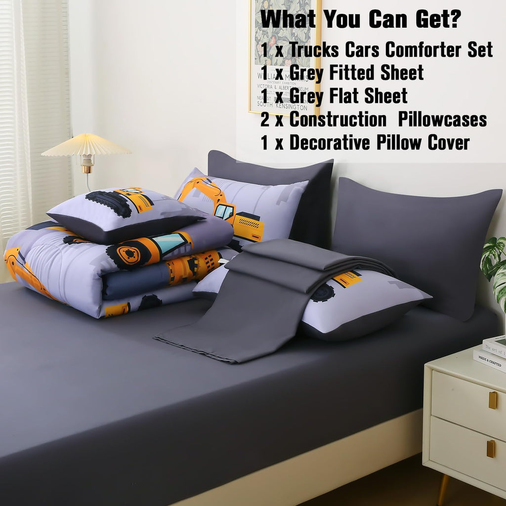 Construction Bedding Sets for Boys Kids, 6 Piece Bed in A Bag 3D Cartoon Car Excavator Tractor Comforter Set